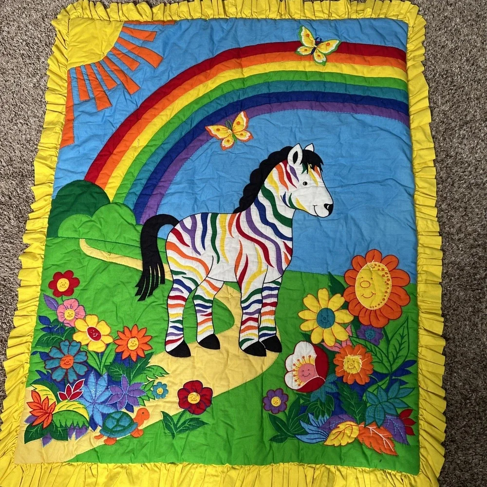 Vintage 1980s Colorful Rainbow Zebra Zoo Animals Handmade Blanket 37